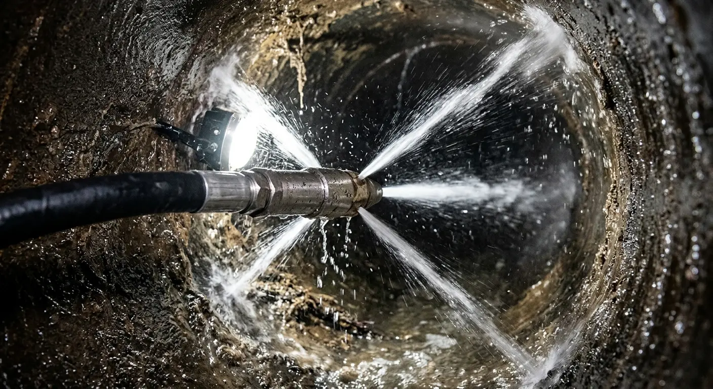 High-pressure hydro jetting nozzle cleaning sewer pipe for Emergency Drain Service in Prairie View