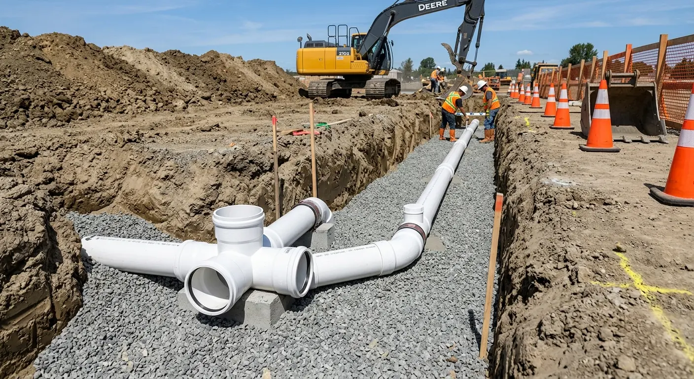 New PVC sewer pipe installation in open trench for Sewer Camera Inspection in Prairie View