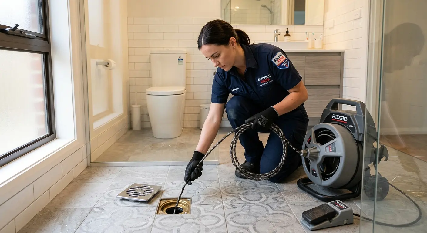 Technician clearing a bathroom floor drain for Clogged Drain Repair in Prairie View